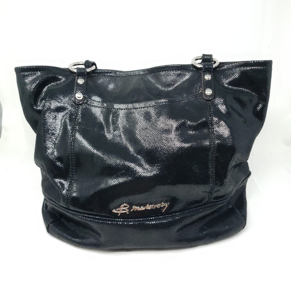 B. B Makowsky Black Leather Handbag Satchel Purse A212546 4.75Wx13.5Lx14H